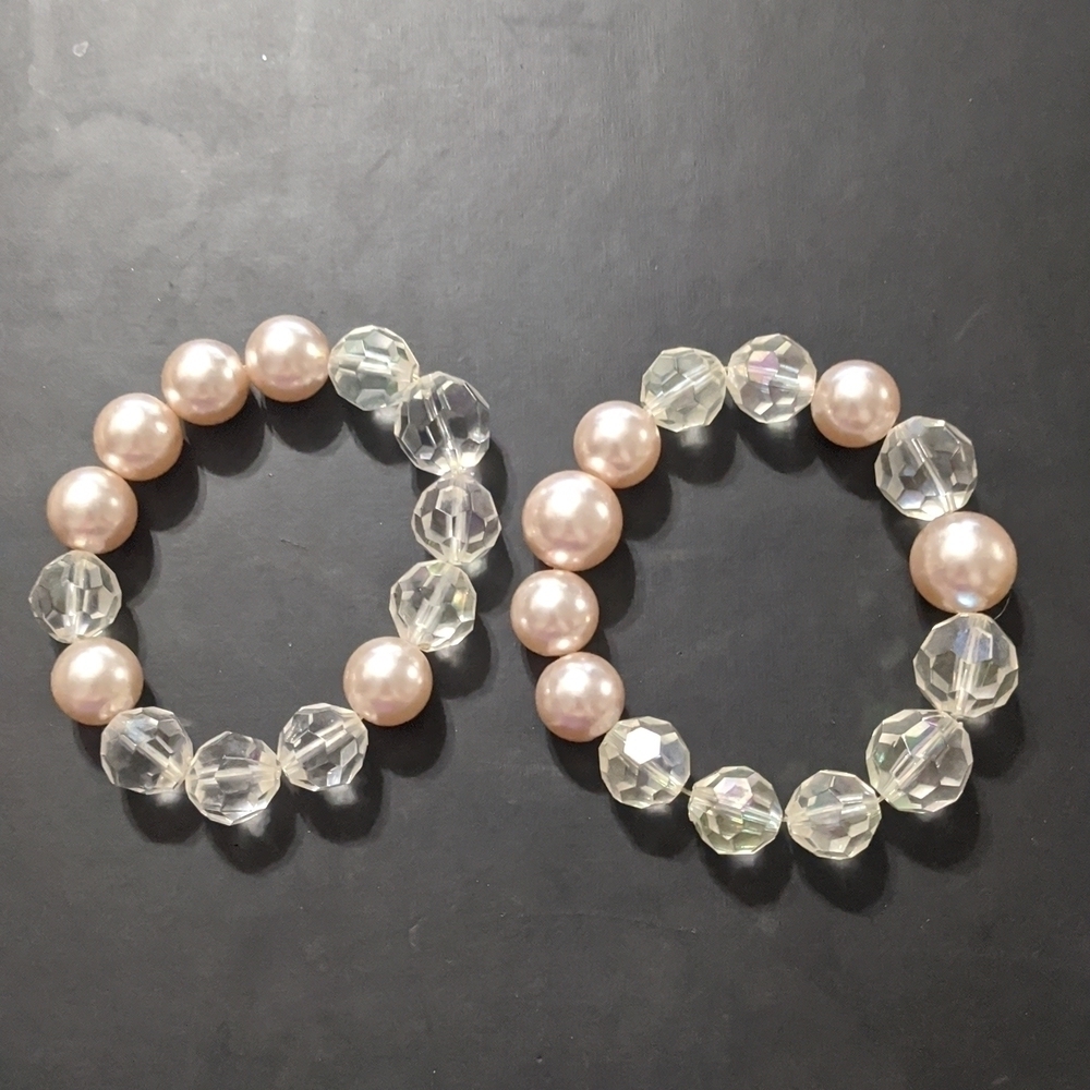 Chunky Faceted Clear & Cream Faux Pearl Stretchy Elastic Statement Bracelet